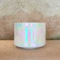 Load image into Gallery viewer, Front view of an 8-inch Crystal Tones® Mother of Platinum Alchemy™ crystal singing bowl in F# +35.