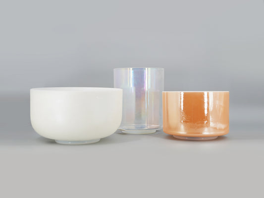 Sacred Sunrise 3 bowl harmonised set of Alchemy Crystal Tones Quartz Singing Bowls