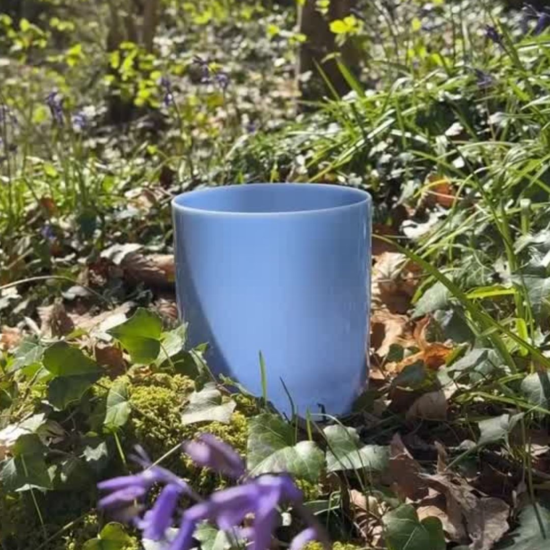 Blue crystal sound bowl in a natural setting with grass and purple bluebells. 