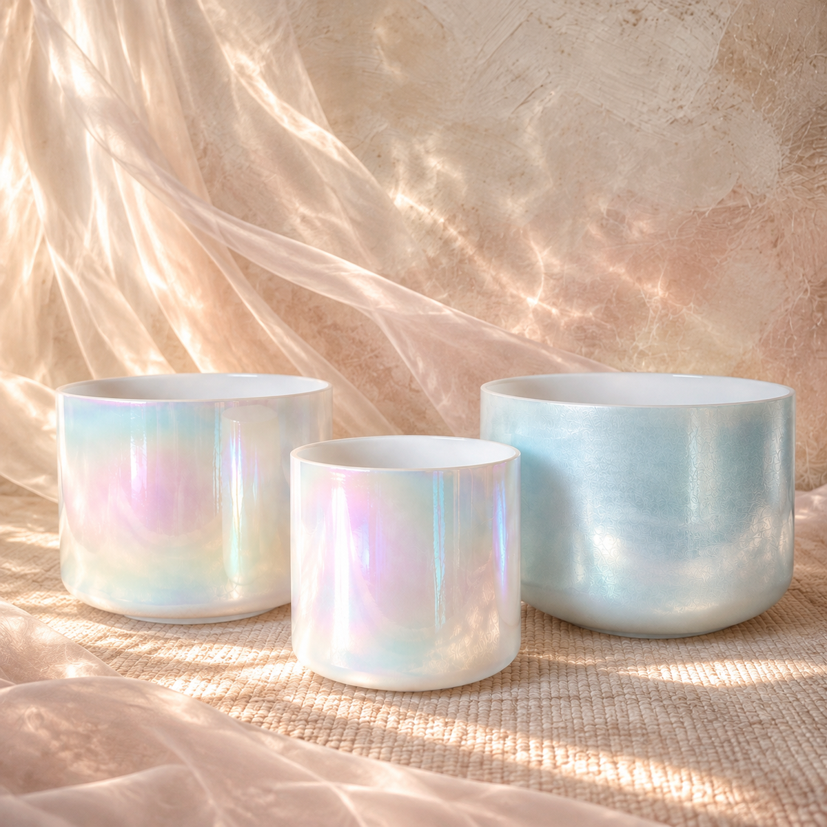 Aphrodite harmonised Crystal Tones® Alchemy™ bowl set with Ocean Gold and two Mother of Platinum bowls with goddess-inspired sheer draping. 