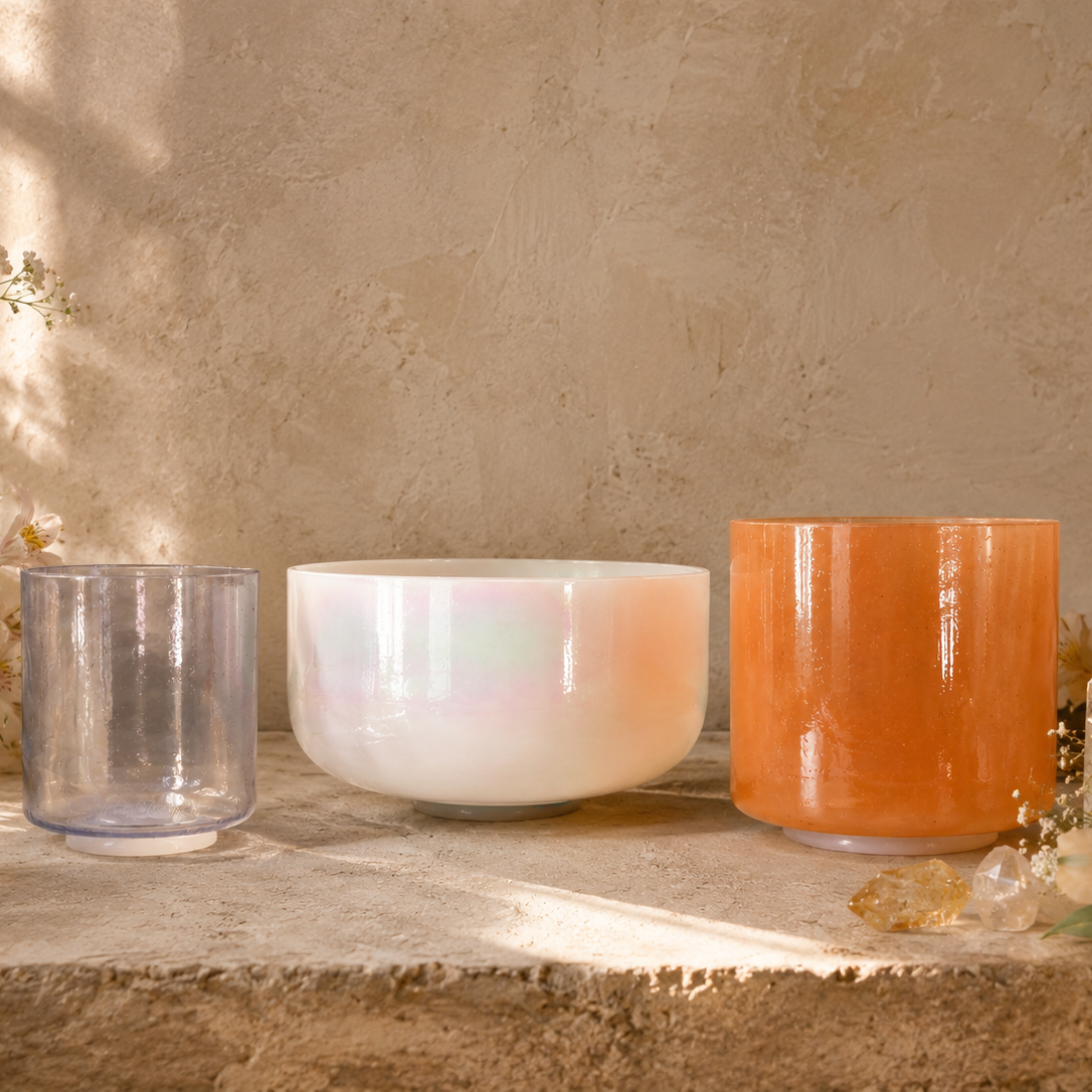 Incantation harmonised Crystal Tones® Alchemy™ bowl set with Mother of Platinum, Imperial Topaz and Androgynous Indium in an atmospheric setting.
