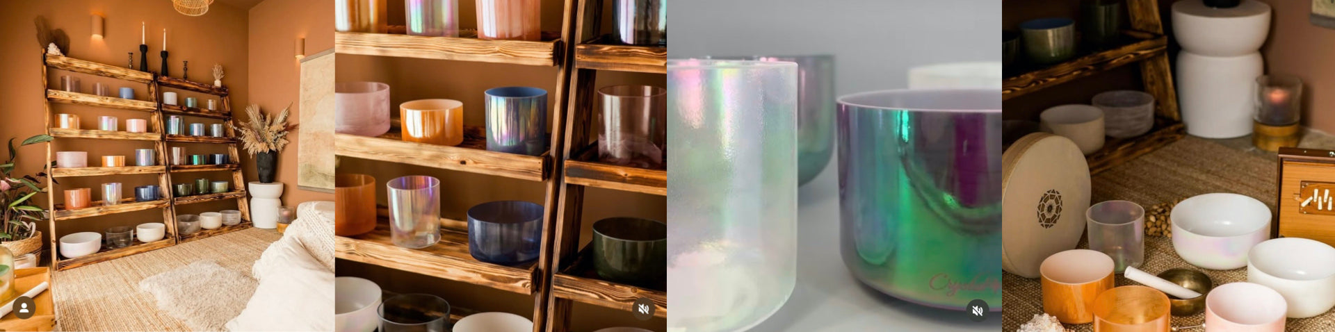 Collection of crystal singing bowls and other items on shelves. The collage of 4 photos include wide shorts of the whole shelf and close-ups of the bowls.